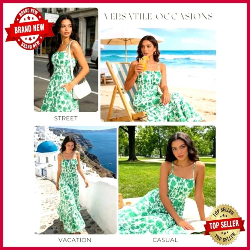 Floral Smocked Maxi Dress Boho Beach Sundress with Pockets Adjustable Straps_2